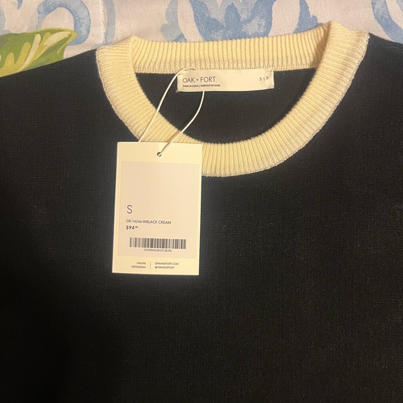 NWT OAK + FORT CONTRAST TRIM PLEATED MINI DRESS IN BLACK/CREAM COMBO - Picture 10 of 10